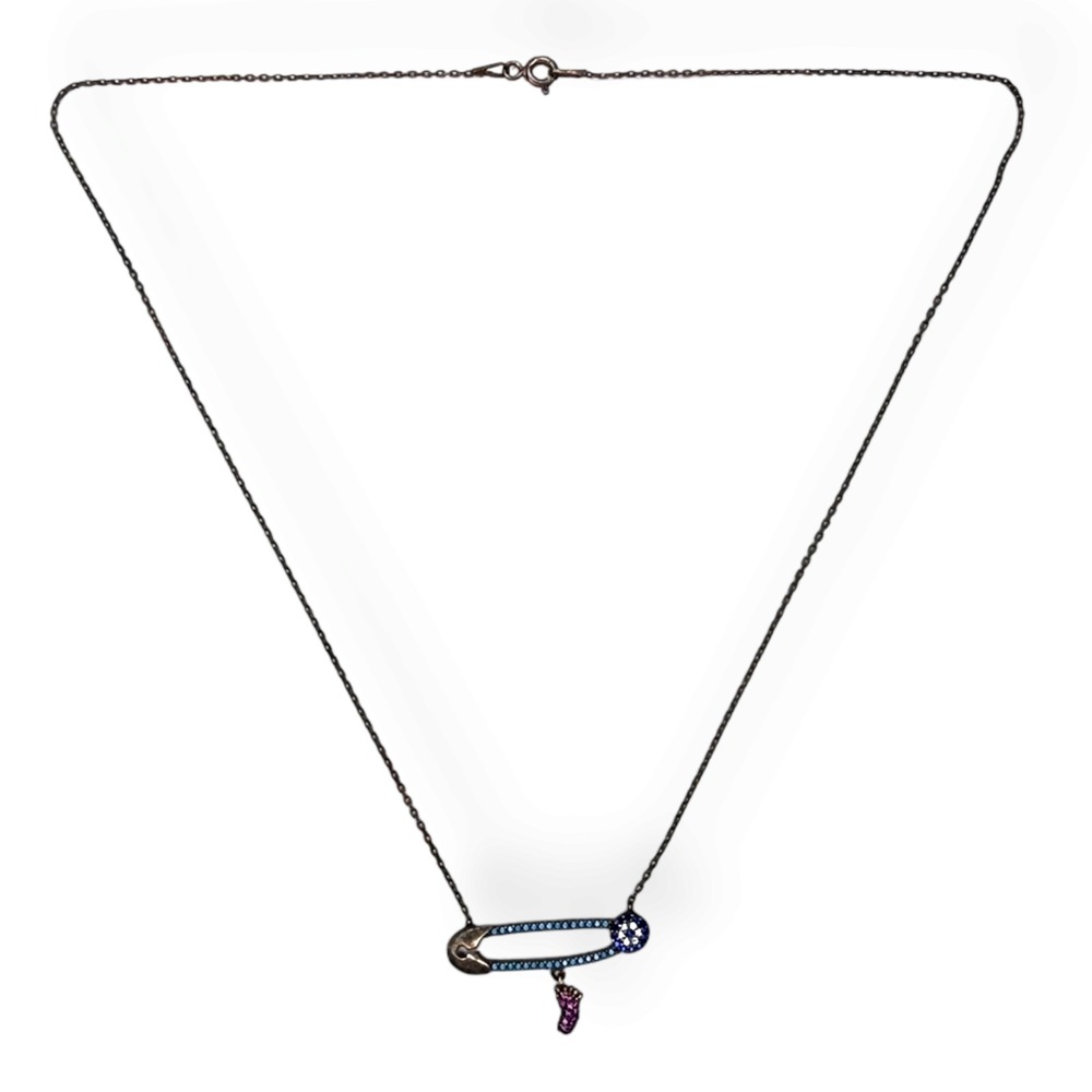 Unbranded Safety Pin Footprint Necklace 17.5in Rose Gold Vermeil Excellent Ruby - Picture 3 of 5
